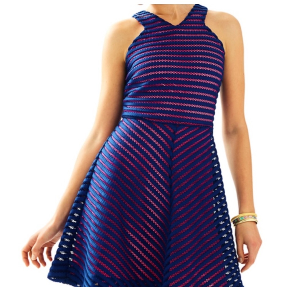 Lilly Pulitzer Megyn fit and flare dress blue pink crochet knit gold zipper